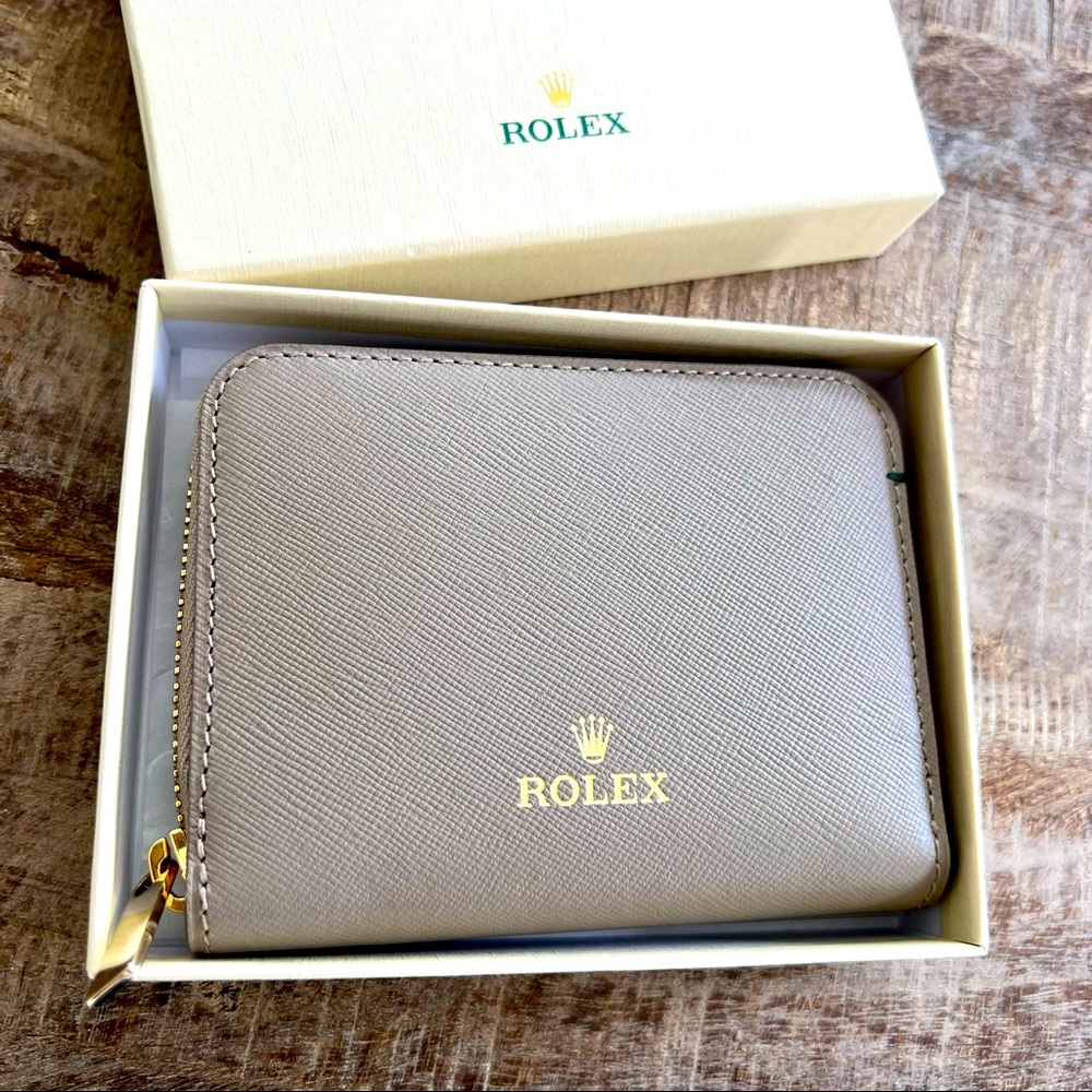 Rolex Tan Gray Zipper Leather Luxury Wallet New in Box NWT
